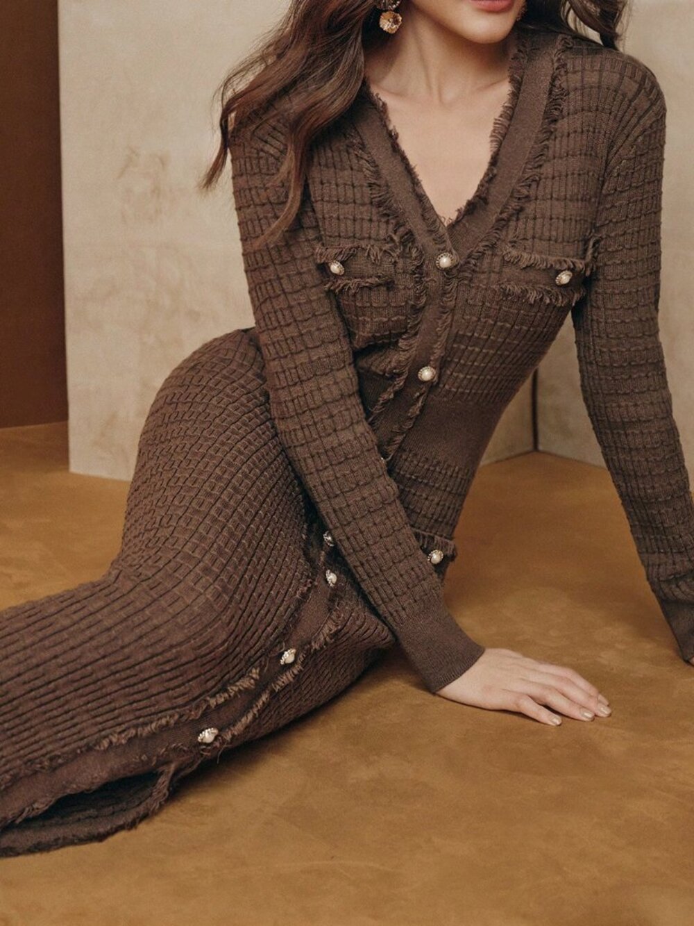 Coffee Brown Elegant Women's Peacock V-Neck Regular-Sleeve Midi Sweater Dress - Picture 6 of 8